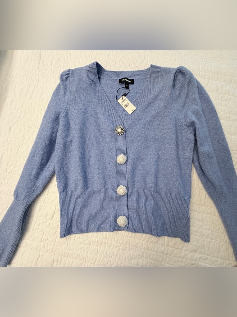 Express Soft  Blue V-Neck Puff Sleeve Cardigan with Decorative Buttons